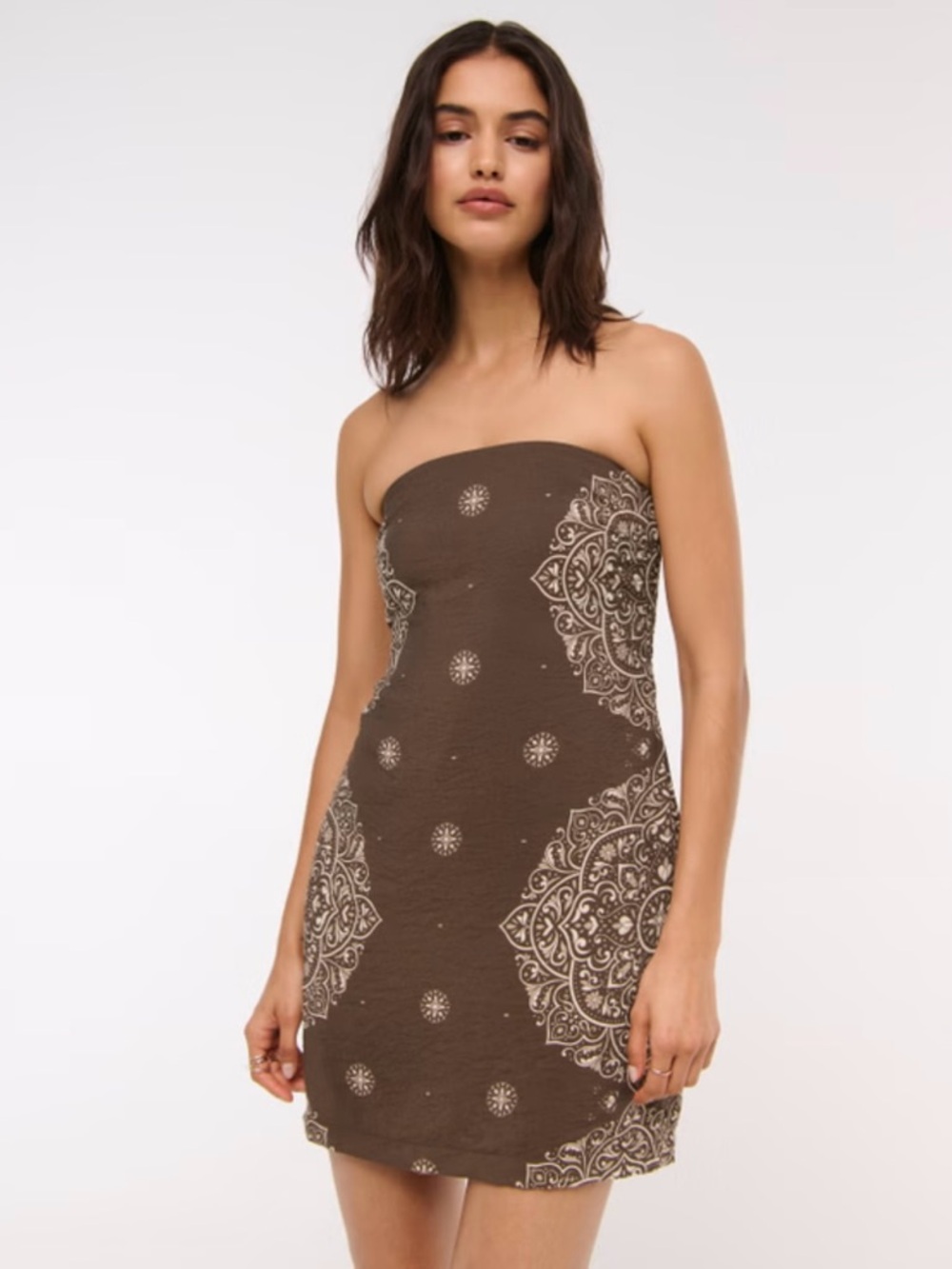 Abercrombie & Fitch Strapless Bandana-Print Bodycon Dress in Brown